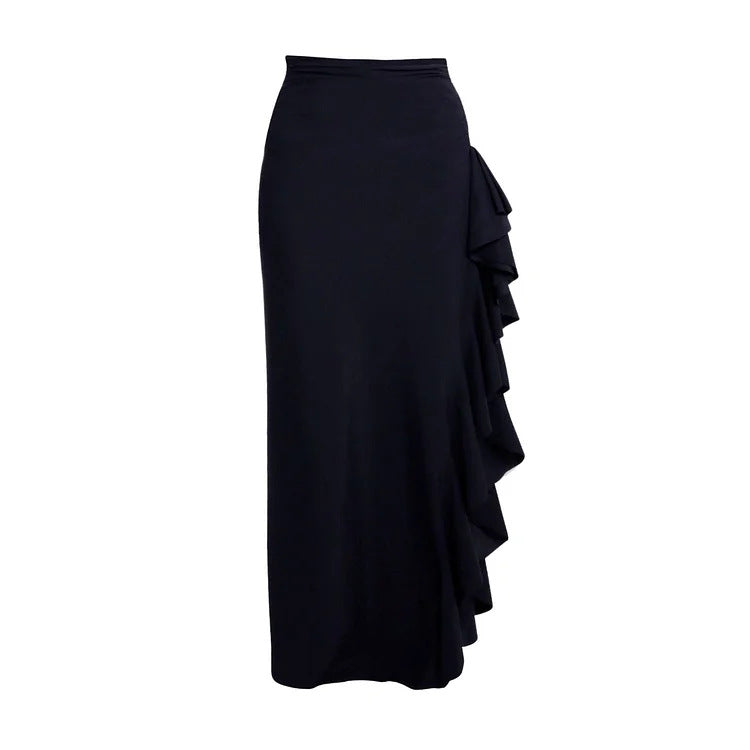 Damen eleganter Einteiler mit raffiniertem Transparentstreifen und voluminösem Maxi-Rock EB
