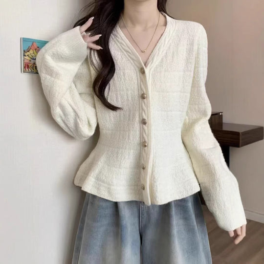 Damen elegante Strickjacke mit strukturiertem Design und femininen Puffärmeln EB