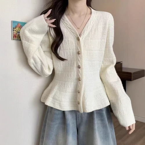 Damen elegante Strickjacke mit strukturiertem Design und femininen Puffärmeln EB