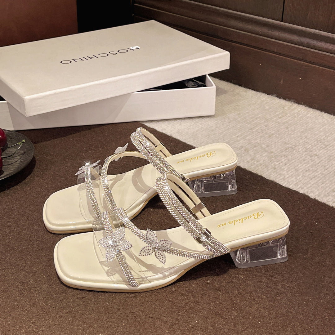 Damen elegante Sandalen mit funkelndem Strassbesatz und transparentem Blockabsatz EB