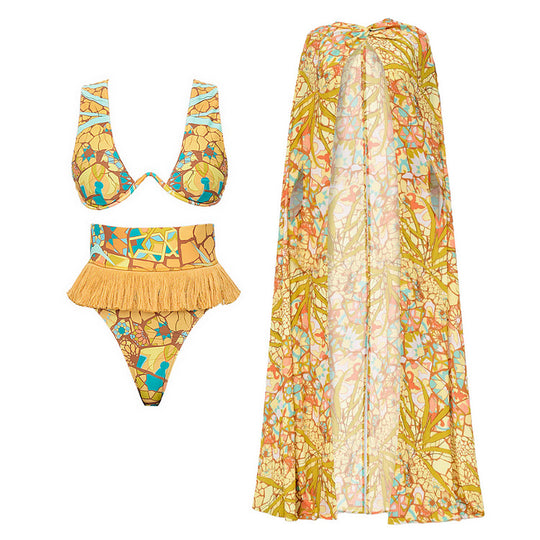 Damen Bikini-Set mit fransigem Saum und kreativem Muster EB