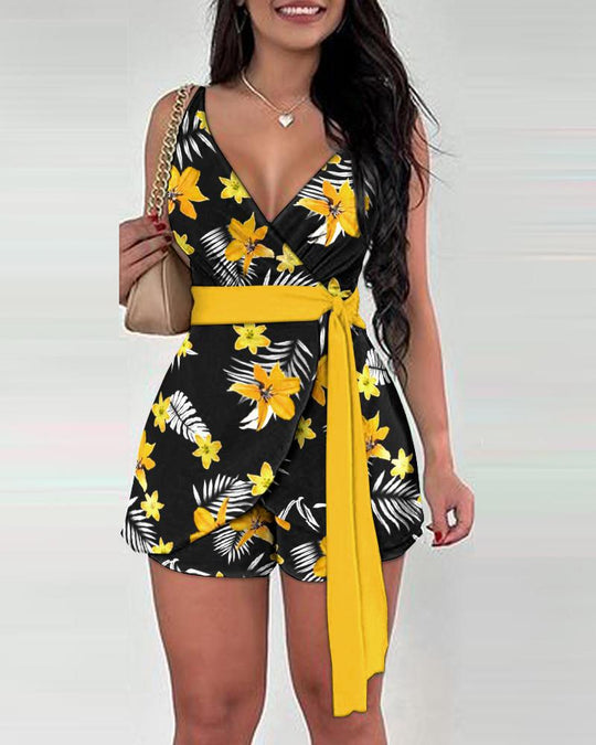 Damen lässiger Wickel-Jumpsuit mit kreativem Muster und Taillengürtel EB