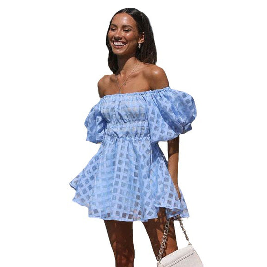 Damen Sommerliches Minikleid mit weiten Puffärmeln und Off-Shoulder-Ausschnitt EB