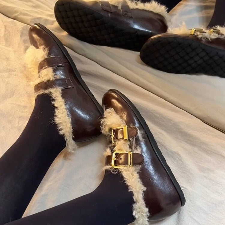 Damen Clogs mit kuscheligem Kunstfellkragen und modischen Schnallen EB
