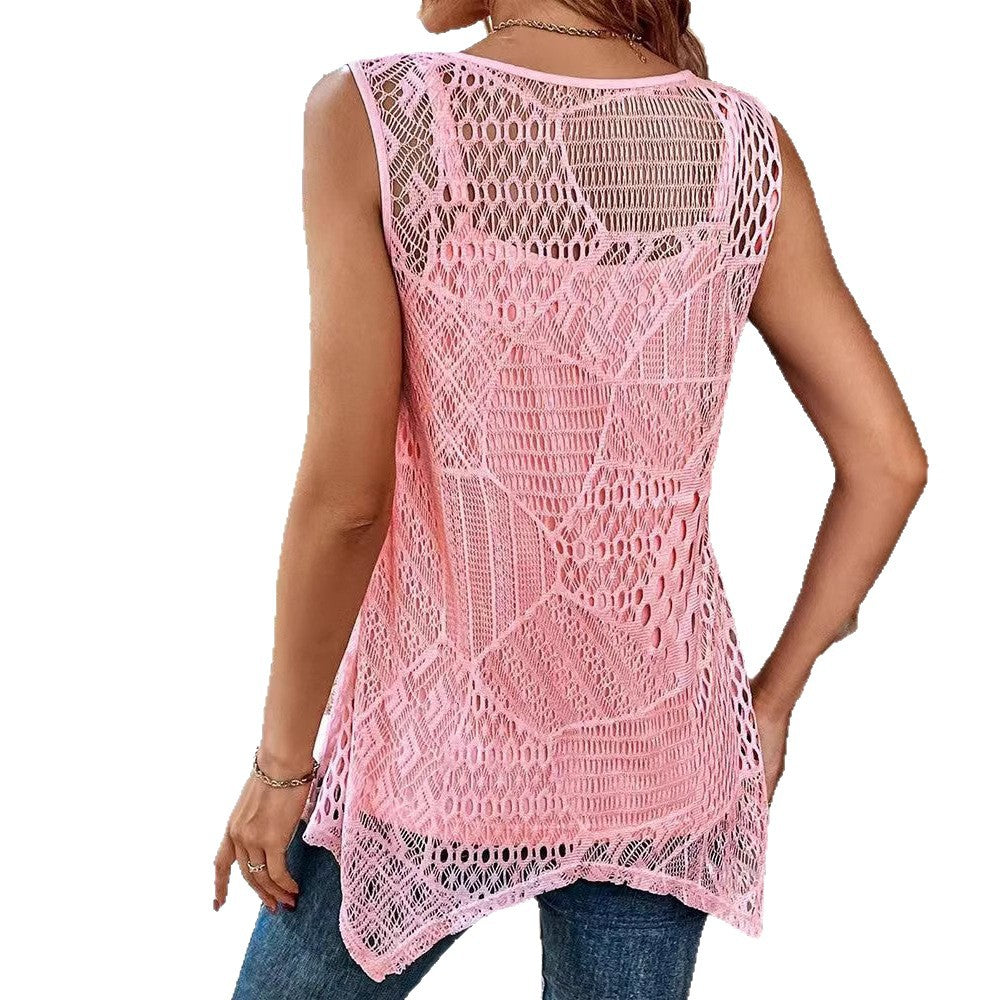 Damen nan gehäkeltes A-Linien-Oberteil mit asymmetrischem Zipfelsaum und integriertem Jersey-Untertop EB