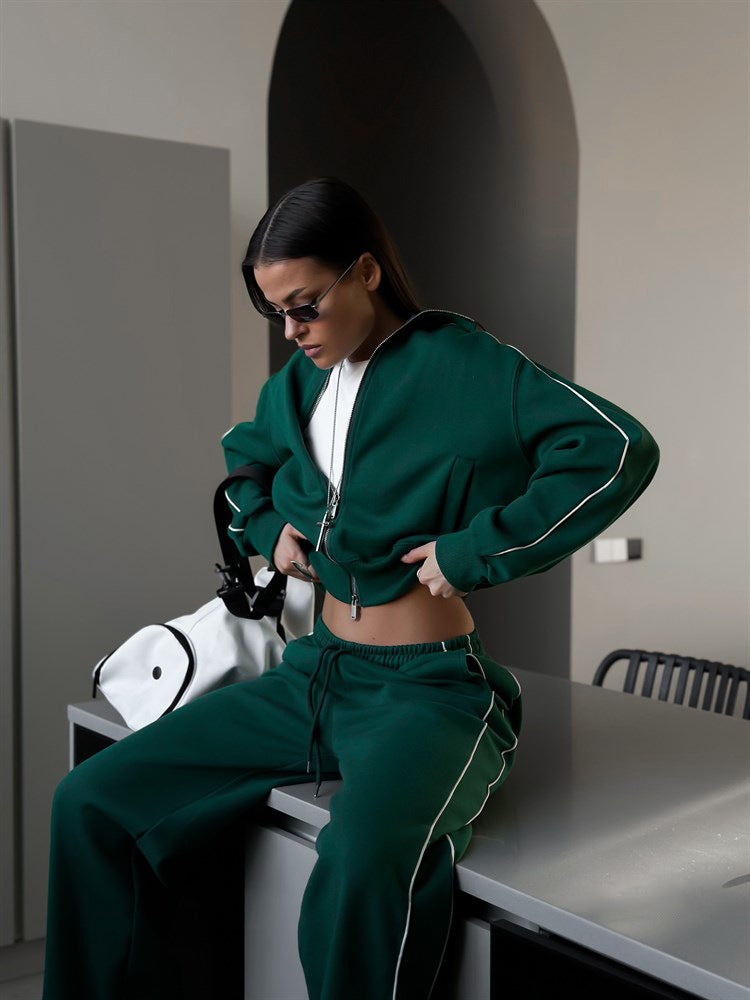 Damen nan kurzes Reißverschluss-Hoodie und hohe Taillen-Jogginghose Set mit dekorativer Seitenpaspel EB