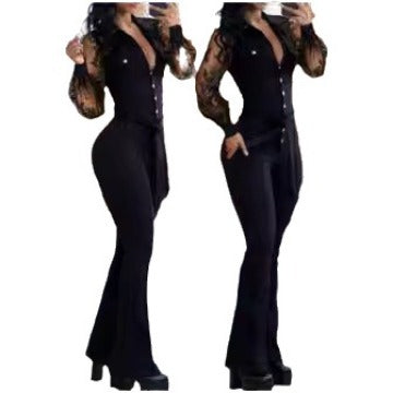Damen Eleganter Jumpsuit mit transparenten Ärmeln und tailliertem Schnitt EB