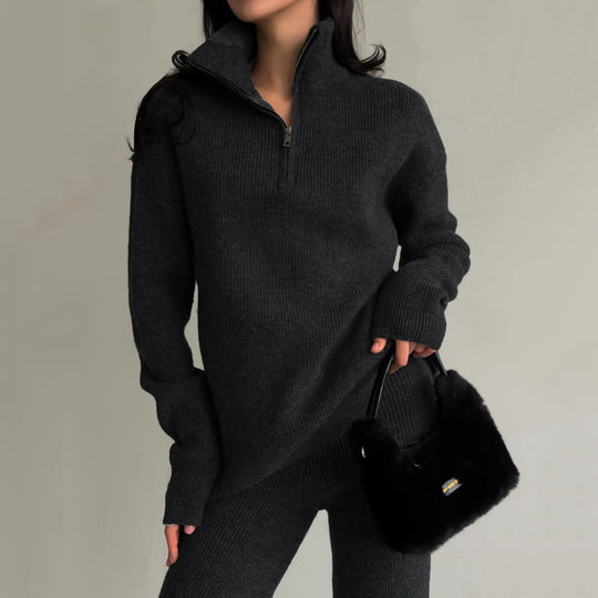 Damen nan geripptes Strick-Lounge-Set mit Halbzip-Pullover und hochgeschnittener Leggings EB