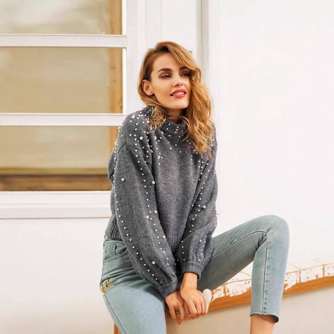Damen modischer Pullover mit Perlendetails und ballonförmigen Ärmeln EB