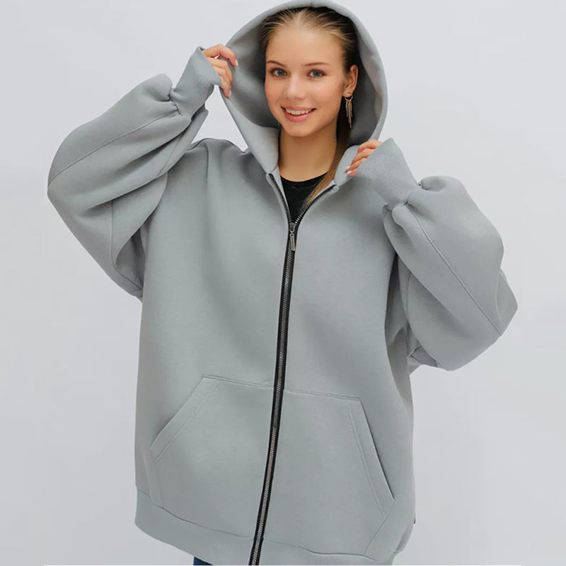 Damen lässiger Oversized Zip-Hoodie mit tiefen Taschen EB