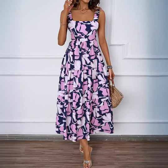 Damen Maxikleid mit verspieltem Rüschendesign und gemustertem Oberteil EB