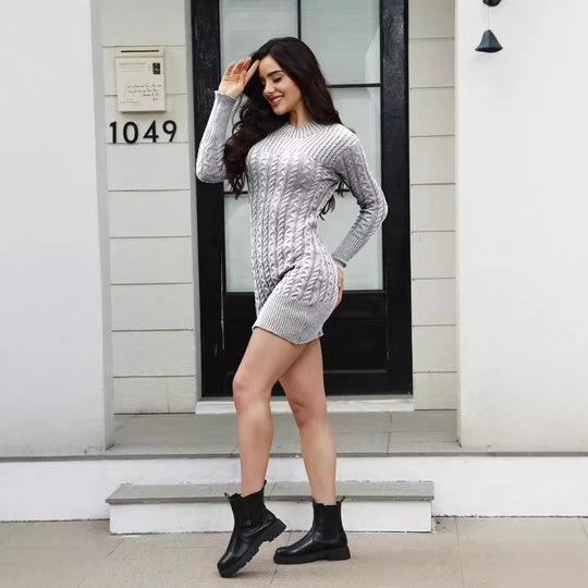 Damen Strickkleid mit stylischem Zopfmuster und figurbetontem Schnitt EB