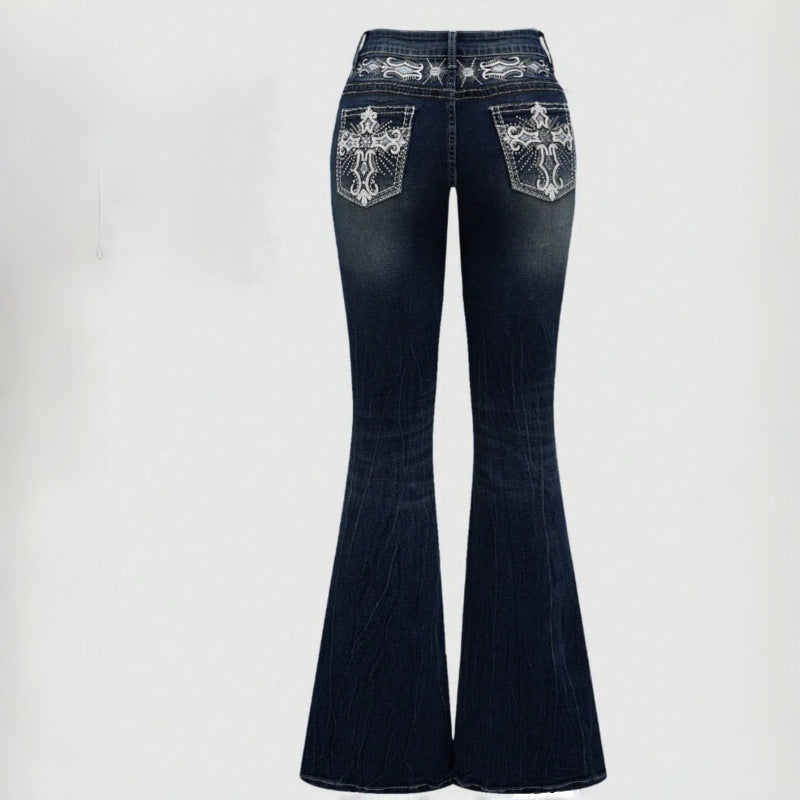 Damen Bootcut Jeans mit aufwendigen Stickereien und hohem Bund EB