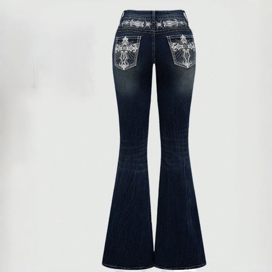 Damen Bootcut Jeans mit aufwendigen Stickereien und hohem Bund EB