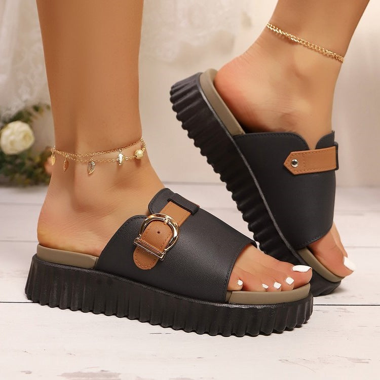 Damen Komfortable Plateau-Sandalen mit modischer Schnallen-Applikation EB