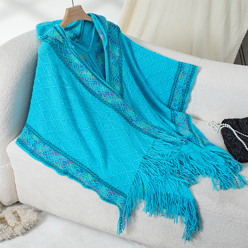 Damen eleganter Poncho mit hochwertigem Strukturdesign und Fransen EB