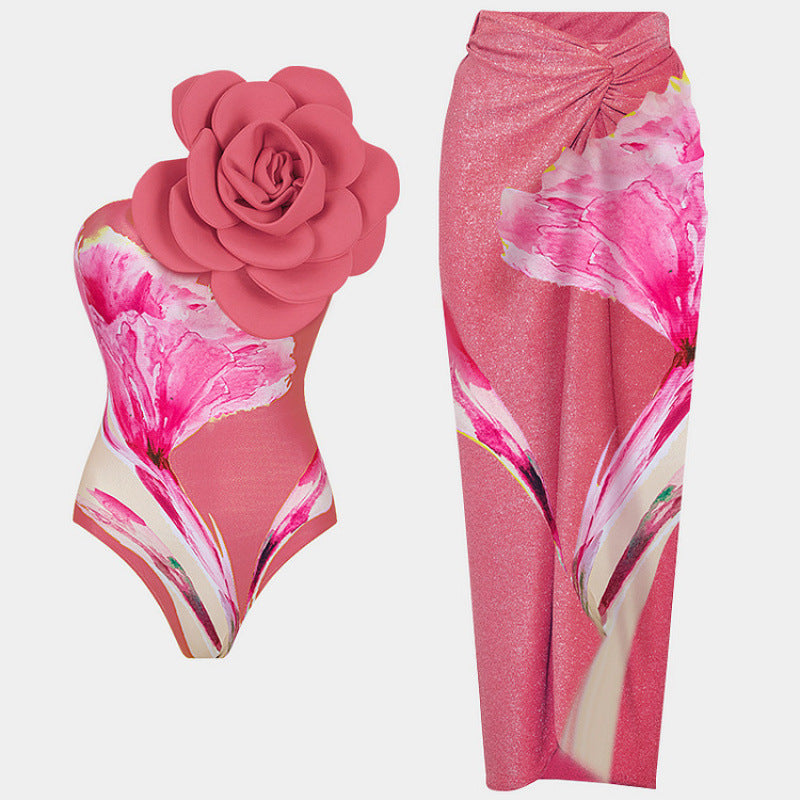 Damen Einteiler Badeanzug mit floralem Design und elegantem Wickelrock EB