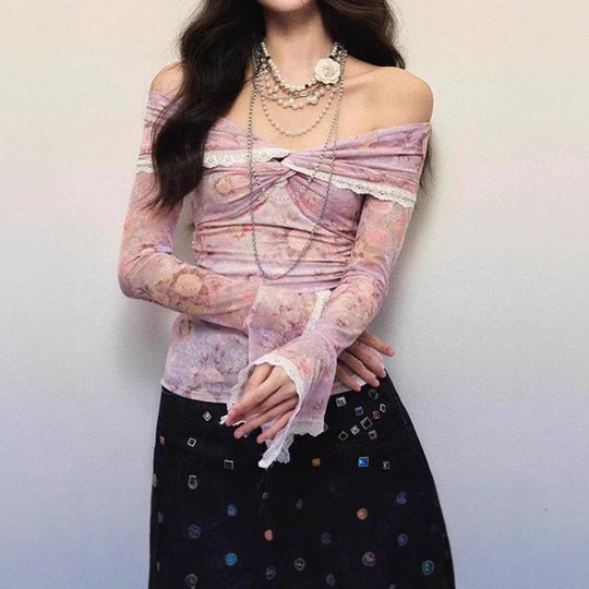 Damen Bluse mit off-shoulder Design und floralen Mustern EB