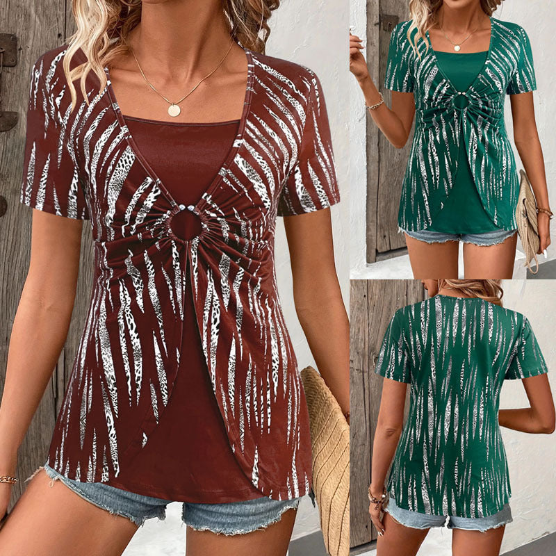 Damen modisches Oberteil mit dekorativem Knotendetail und Animal-Print EB