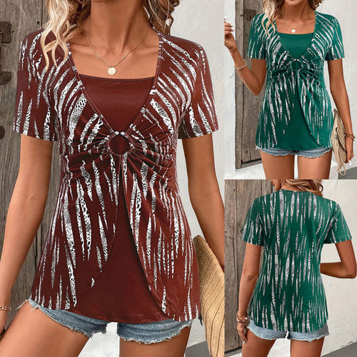Damen modisches Oberteil mit dekorativem Knotendetail und Animal-Print EB