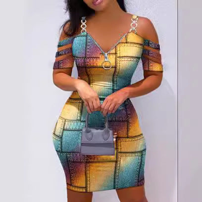 Damen figurbetontes Trägerkleid mit Reißverschluss und einzigartigem Design EB