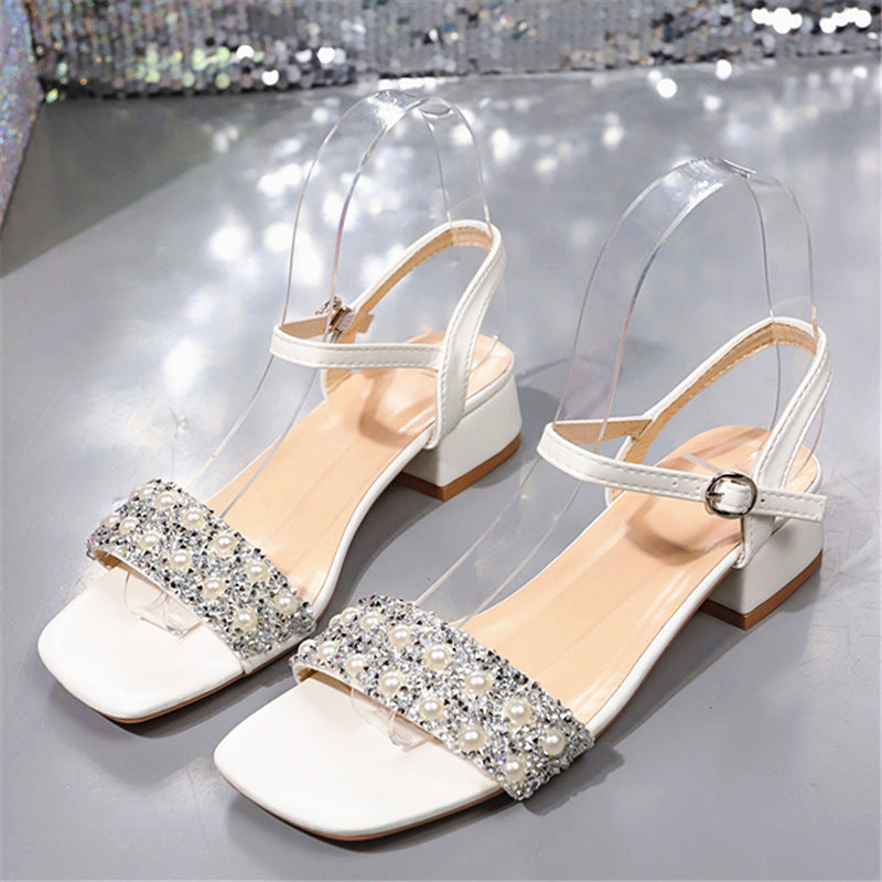 Damen elegante Riemensandalen mit transparentem Obermaterial und glitzernden Perlen EB