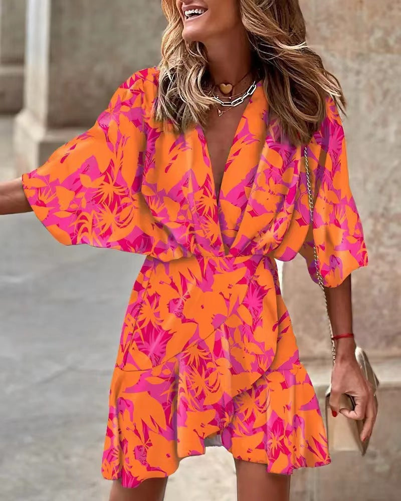 Damen Wickelmini-Kleid mit voluminösen Ärmeln und modischem Animal-Print EB