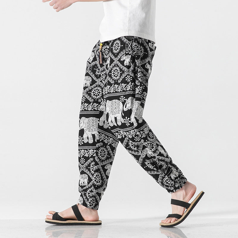 Unisex nan lässige Boho-Haremshose mit Elefantenmuster, elastischem Bund und Bündchen EB