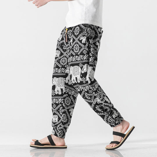 Unisex nan lässige Boho-Haremshose mit Elefantenmuster, elastischem Bund und Bündchen EB