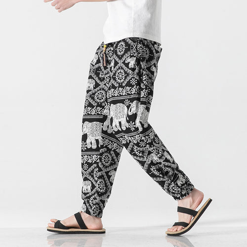 Unisex nan lässige Boho-Haremshose mit Elefantenmuster, elastischem Bund und Bündchen EB