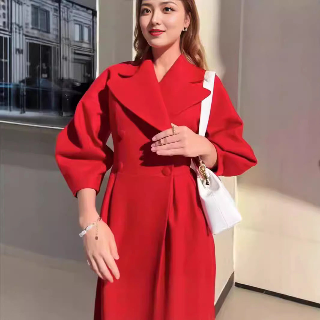 Damen nan taillierter Doppelreihiger Trenchcoat mit weitem Ärmel und hohem Beinschlitz EB