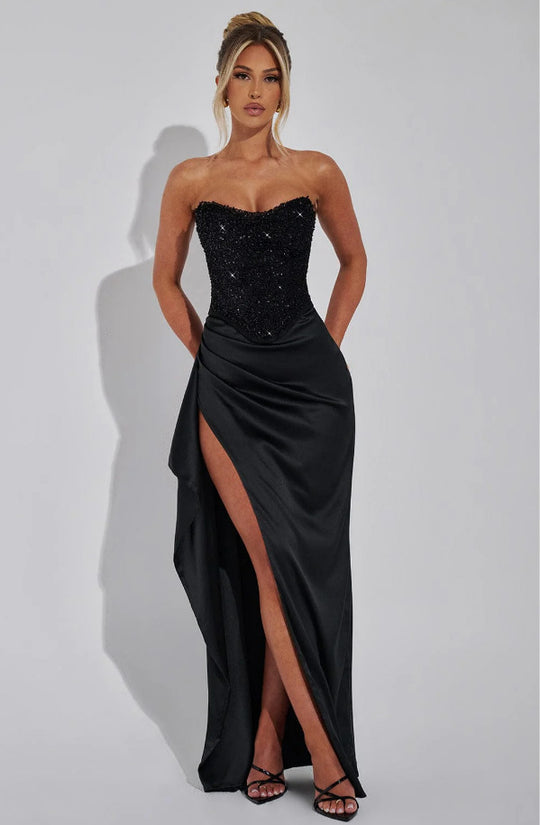 Damen Elegantes Abendkleid mit schimmerndem Oberteil und hohem Schlitz EB