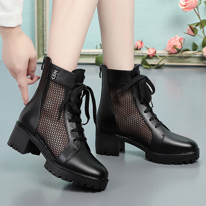 Damen Trendige Schnür-Stiefeletten mit Mesh-Einsatz und robustem Blockabsatz EB