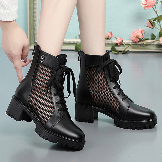 Damen Trendige Schnür-Stiefeletten mit Mesh-Einsatz und robustem Blockabsatz EB