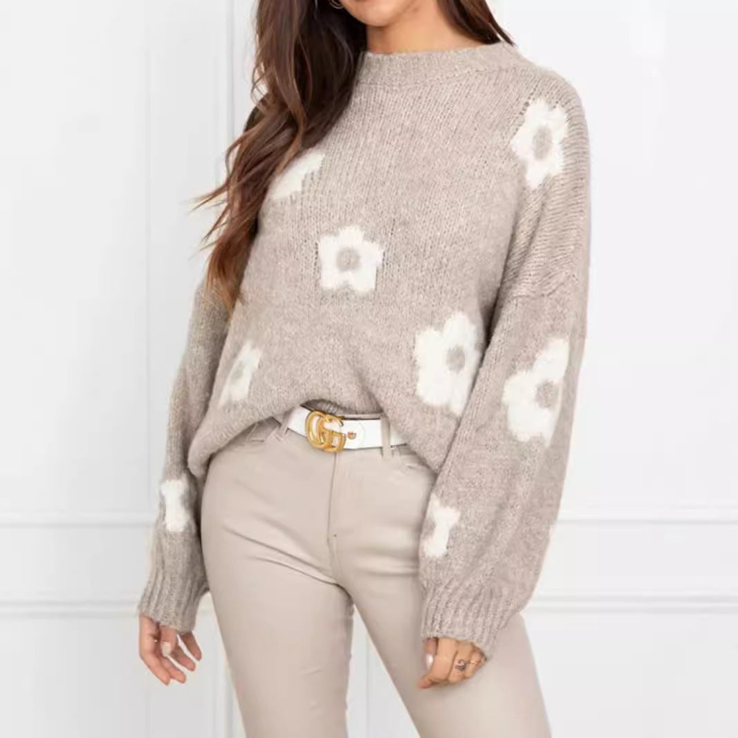 Damen gemütlicher Strickpullover mit floralem Muster EB