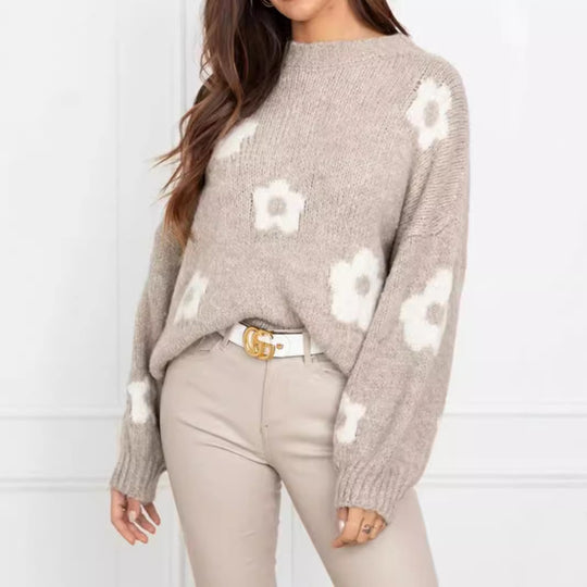 Damen gemütlicher Strickpullover mit floralem Muster EB