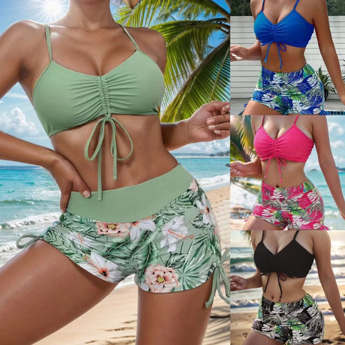Damen Bikini-Set mit rüschenverziertem Oberteil und modischen Shorts EB