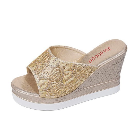 Damen Wedge-Pantoletten mit glitzerndem Obermaterial und komfortablem Fußbett EB