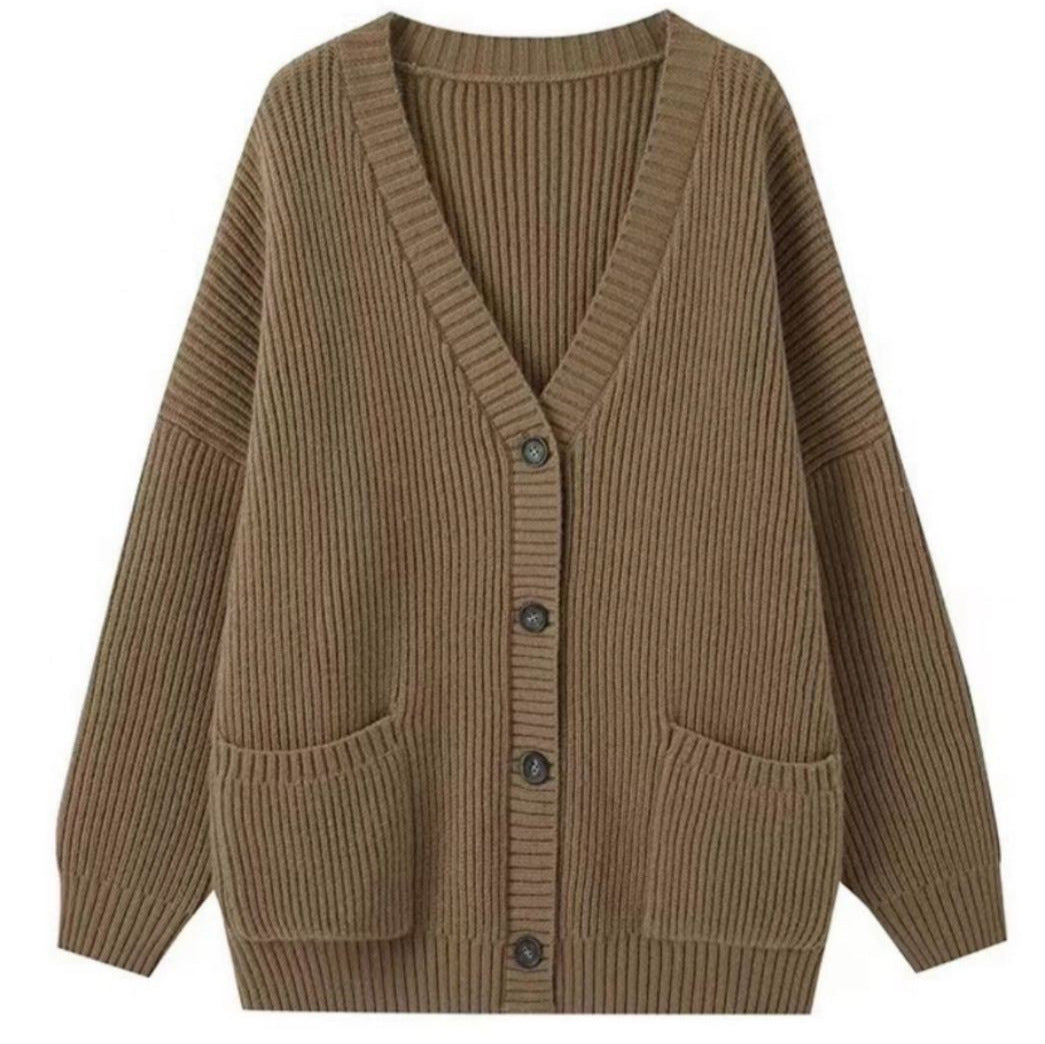 Damen Grobstrick Cardigan mit Taschen und tiefem V-Ausschnitt EB