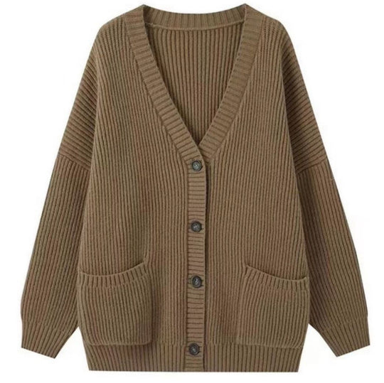 Damen Grobstrick Cardigan mit Taschen und tiefem V-Ausschnitt EB