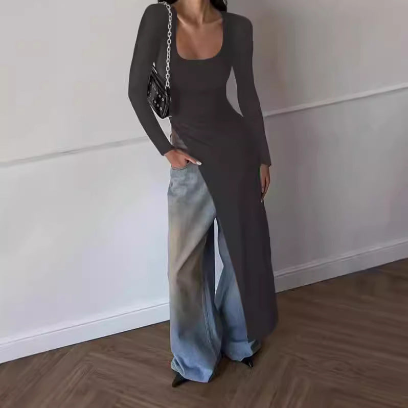 Damen Elegantes langärmliges Kleid mit asymmetrischem Saum EB