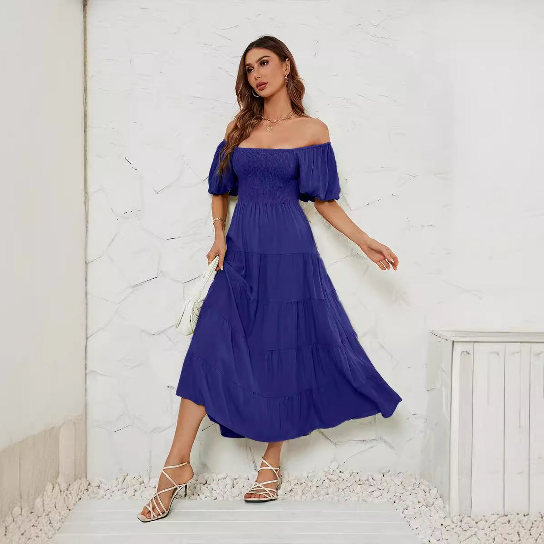 Damen Maxikleid mit Puffärmeln und elastischem Oberteil EB