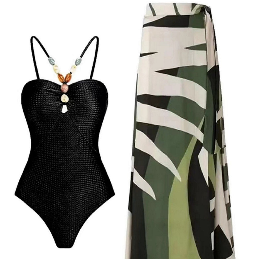 Damen Badeanzug mit elegantem Wickelrock und modischen Schmuckdetails EB