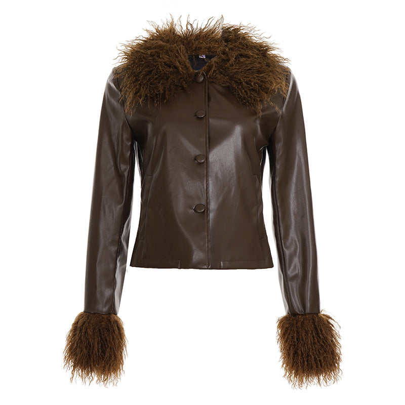 Damen nan kurze Kunstlederjacke mit voluminösem Fellkragen und Fellmanschetten EB