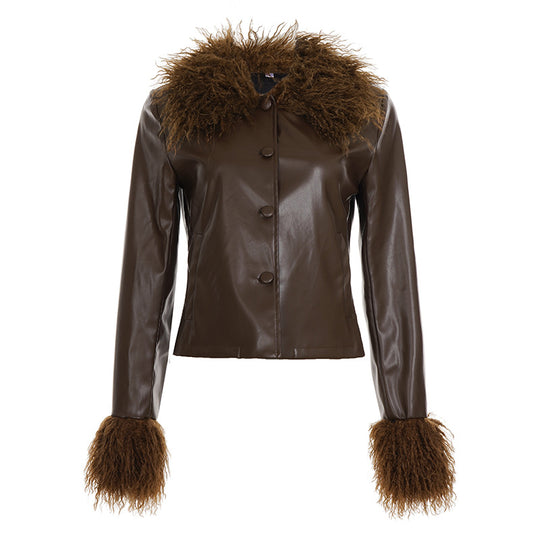 Damen nan kurze Kunstlederjacke mit voluminösem Fellkragen und Fellmanschetten EB