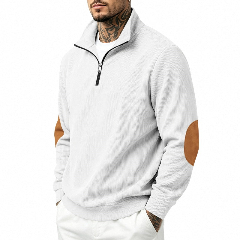 Herren nan Halbzip-Sweatshirt mit Stehkragen, feiner Waffelstruktur und Lederoptik-Ellenbogenpatchs EB