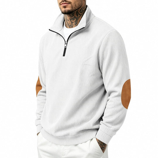 Herren nan Halbzip-Sweatshirt mit Stehkragen, feiner Waffelstruktur und Lederoptik-Ellenbogenpatchs EB