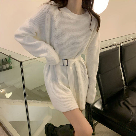 Damen Strickkleid mit Taillengürtel und weitem Schnitt EB