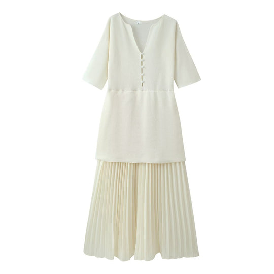 Damen elegantes Maxikleid mit plissierten Details und V-Ausschnitt EB