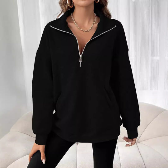 Damen Freizeitlicher Pullover mit kurzem Reißverschluss und Kängurutasche EB